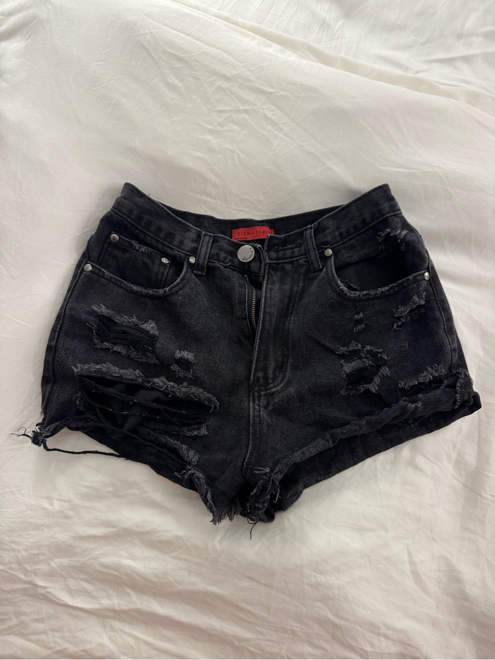 Signature Black Distressed High-Rise Denim Shorts